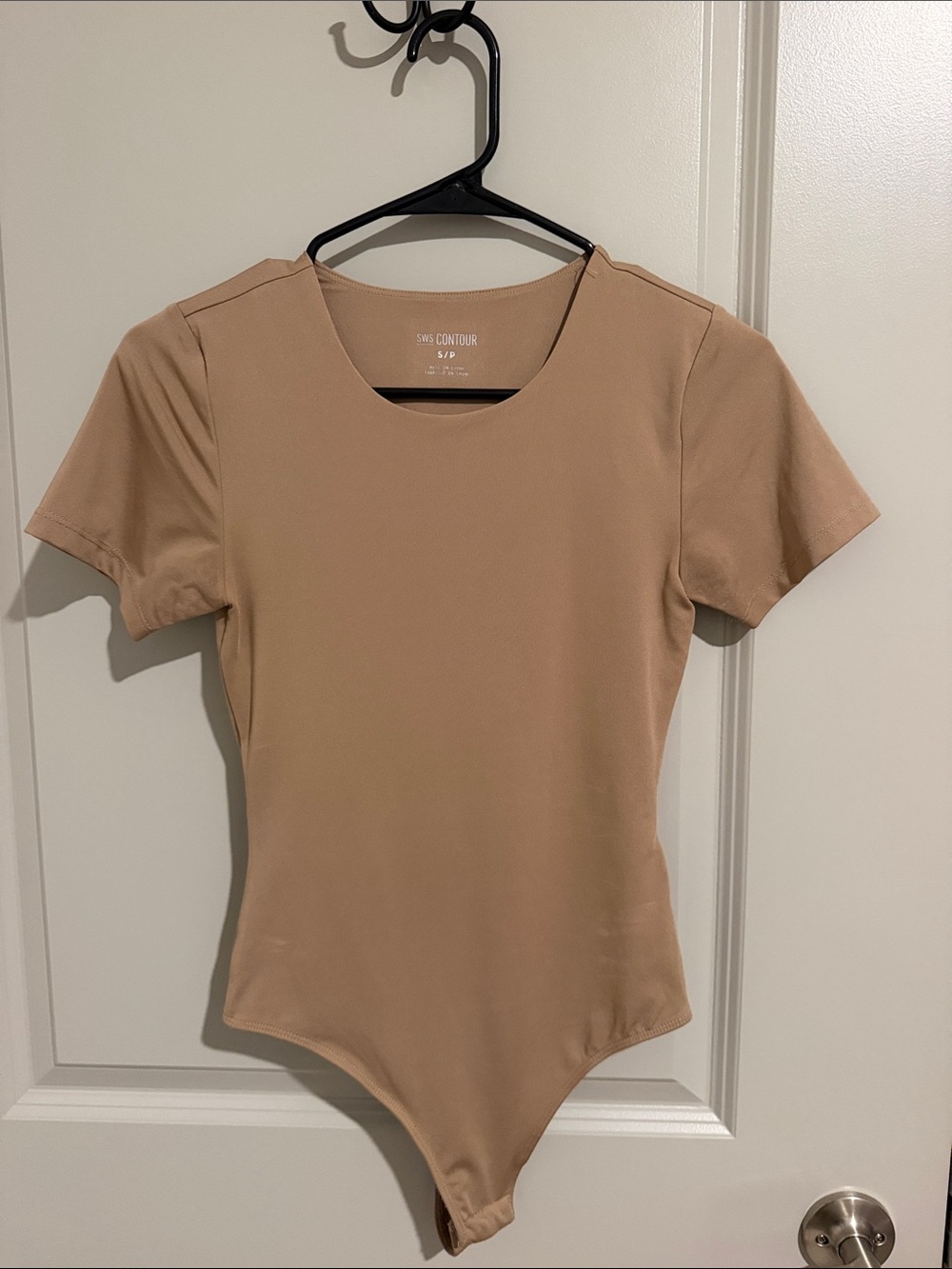 SWS Contour Women's Tan Short-Sleeve thong Bodysuit, double lined